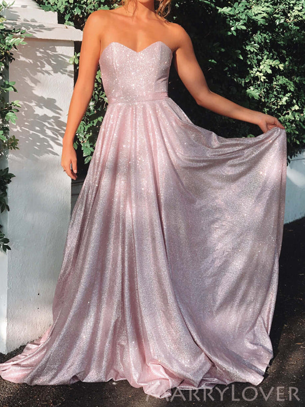 A-line Pink Sparkly Long Evening Prom Dresses, Strapless Sweetheart Custom Prom Dresses, MR8281