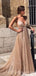 Deep V Neck Gold Sequin Long Evening Prom Dresses, Spaghetti Straps A-line Sparkly Custom Prom Dresses, MR8287