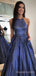 Navy Blue Sparkly Long Evening Prom Dresses, A-line Halter Custom Prom Dresses, MR8288
