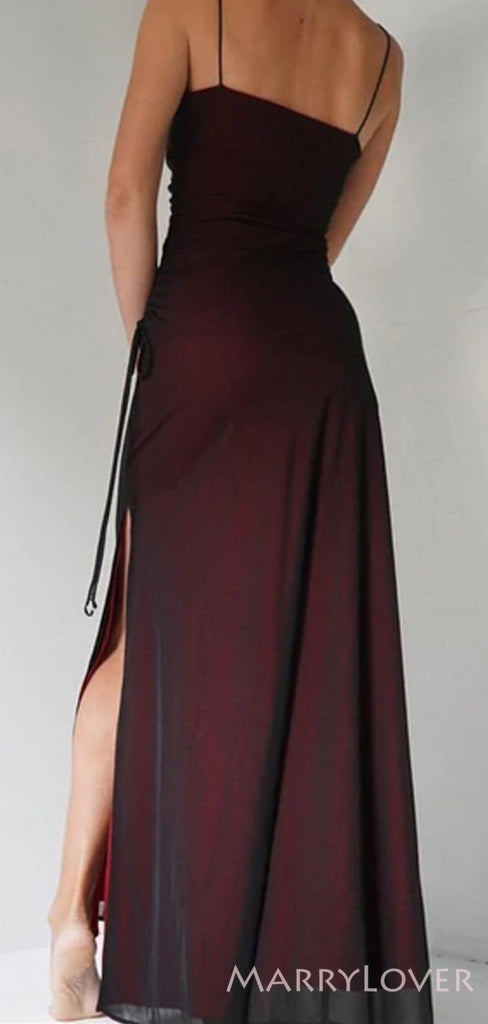 Sexy Sheath Black Tulle Long Mermaid Evening Prom Dresses, Spaghetti Straps Custom Prom Dresses, MR8290
