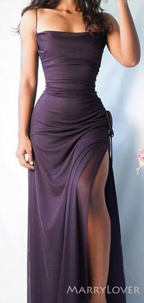 Spaghetti Straps Mermaid Dark Purple Tulle Long Evening Prom Dresses, Side Slit Custom Prom Dresses, MR8291