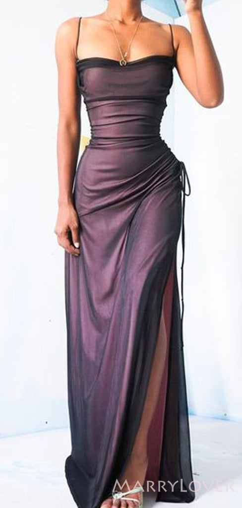 Black Tulle Mermaid Long Evening Prom Dresses, Spaghetti Straps Purple Custom Prom Dresses, MR8298