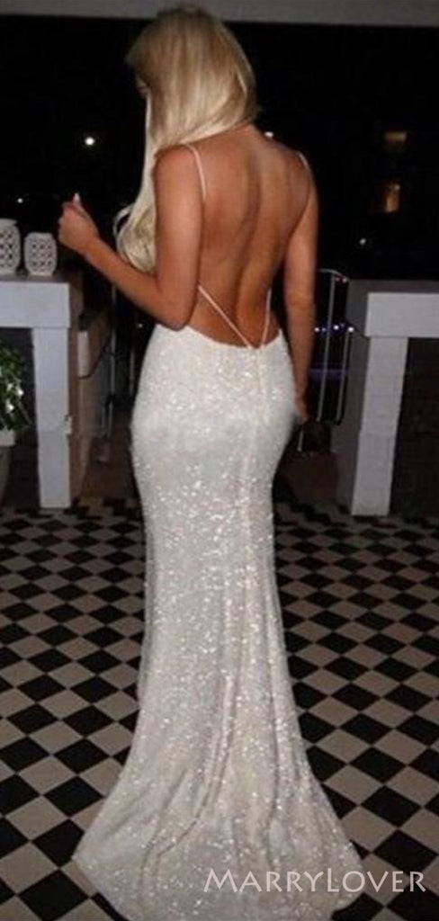 Sexy Backless White Sequin Mermaid Sparkly Long Evening Prom Dresses, Spaghetti Straps Custom Prom Dresses, MR8305