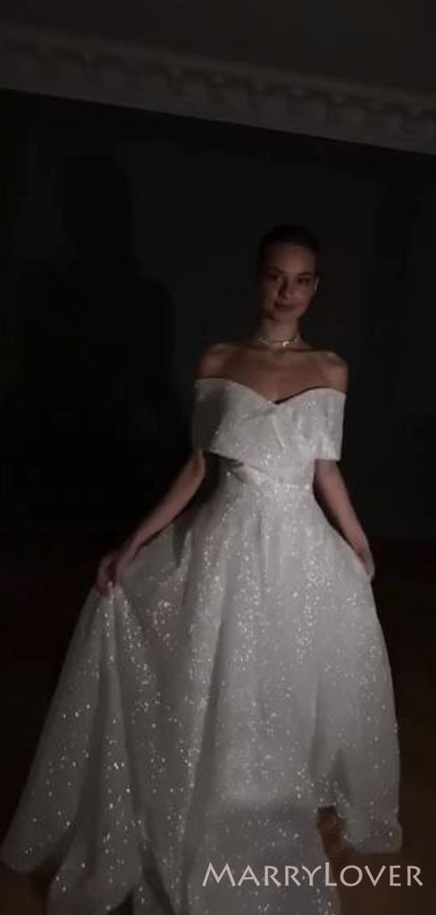 Off Shoulder White Sparkly Long Evening Prom Dresses, A-line Custom Prom Dresses, MR8307