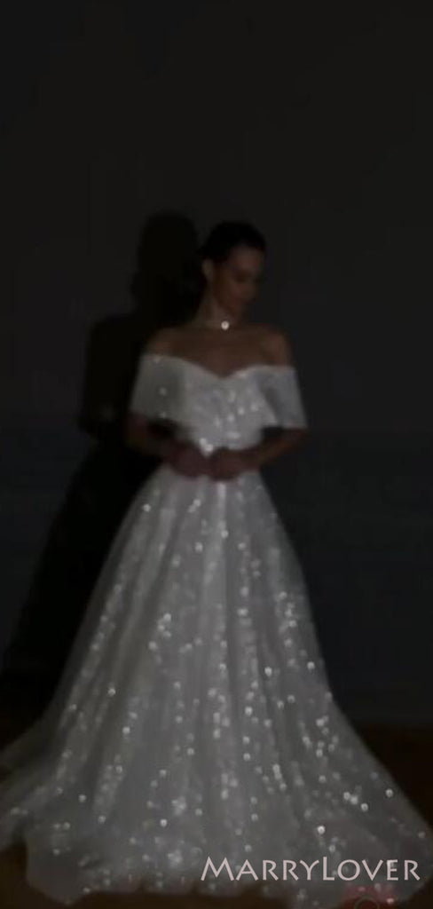 Off Shoulder White Sparkly Long Evening Prom Dresses, A-line Custom Prom Dresses, MR8307