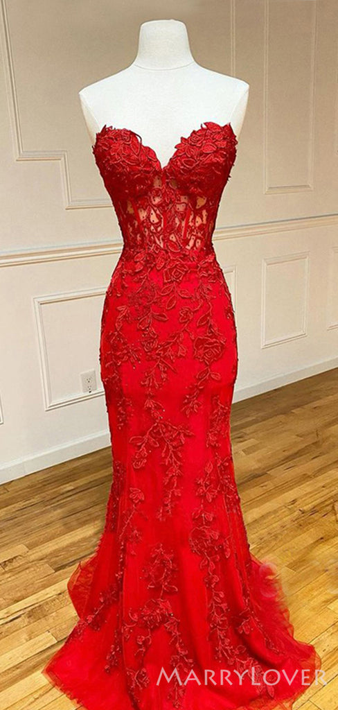 Red Tulle appliques Long Strapless Evening Prom Dresses,  Custom Formal Sweetheart  Mermaid Prom Dress, MR8309