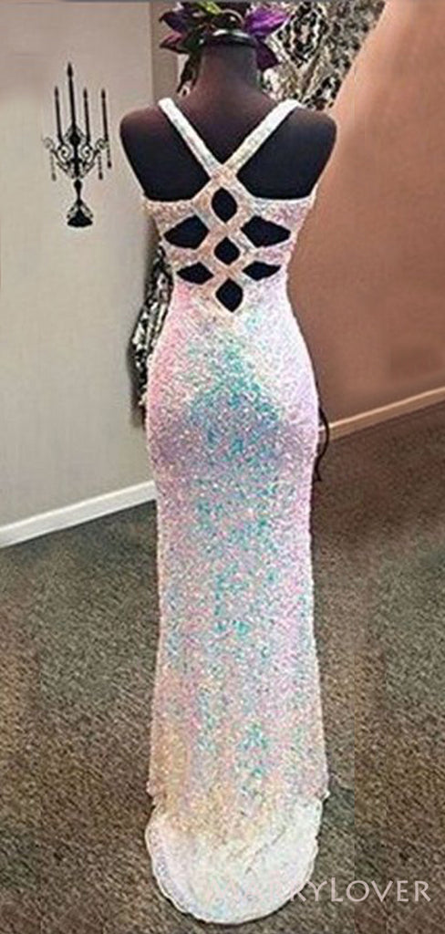 White Sequins V-neck Long Evening Prom Dresses,  Custom Backless  Mermaid Prom Dress, MR8310