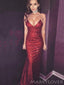 Red Sequins Spaghetti Straps Long V-neck Evening Prom Dresses,  Custom Backless  Mermaid Prom Dress, MR8311