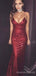 Red Sequins Spaghetti Straps Long V-neck Evening Prom Dresses,  Custom Backless  Mermaid Prom Dress, MR8311