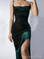 Dark Green Velvet Mermaid Long Evening Prom Dresses, Side Slit Custom Spaghetti Straps Prom Dresses, MR8313