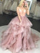 A-line Pink Tulle Long Spaghetti Straps Evening Prom Dresses, V-neck Custom Prom Dresses, MR8314