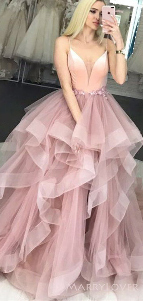 A-line Pink Tulle Long Spaghetti Straps Evening Prom Dresses, V-neck Custom Prom Dresses, MR8314