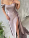 Off-shoulder Mermaid Long Evening Prom Dresses, Dusk Satin High Slit Custom Prom Dresses, MR8317
