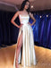 Champagne Satin Spaghetti Straps Long backless Evening Prom Dresses, A-line  High Slit Custom Prom Dresses, MR8318