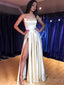 Champagne Satin Spaghetti Straps Long backless Evening Prom Dresses, A-line  High Slit Custom Prom Dresses, MR8318