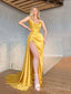 Gold Satin Strapless Long Mermaid Evening Prom Dresses, High Slit Custom Prom Dresses, MR8319