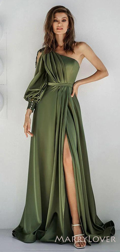 Clover Satin One Shoulder Long Evening Prom Dresses, High Slit Lone Sleeves Custom Prom Dresses, MR8321