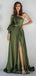 Clover Satin One Shoulder Long Evening Prom Dresses, High Slit Lone Sleeves Custom Prom Dresses, MR8321