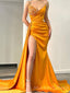 Gold Satin Strapless Long Mermaid Evening Prom Dresses, High Slit V-neck Custom Prom Dresses, MR8323