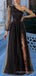 A-line One Shoulder Long Sleeves Black Tulle Long Side Slit Evening Prom Dresses, Cheap Custom prom dresses, MR8334
