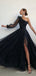 A-line One Shoulder Long Sleeves Black Tulle Long Side Slit Evening Prom Dresses, Cheap Custom prom dresses, MR8334