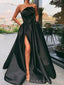 A-line Black Satin Side Slit Long Strapless Evening Prom Dresses, Cheap Custom prom dresses, MR8401