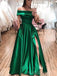 Off Shoulder A-line Green Satin Side Slit Long Evening Prom Dresses, Cheap Custom prom dresses, MR8402