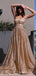 A-line Gold Sparkly Strapless Long Evening Prom Dresses, Cheap Custom Prom Dresses, MR8450