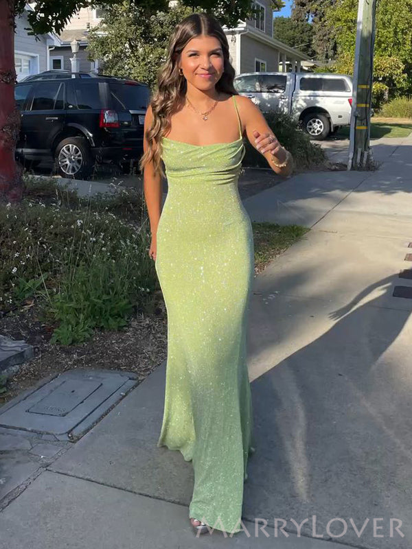 Spaghetti Straps Sparkly Long Evening Prom Dresses, Mermaid Custom Prom Dresses, MR8481