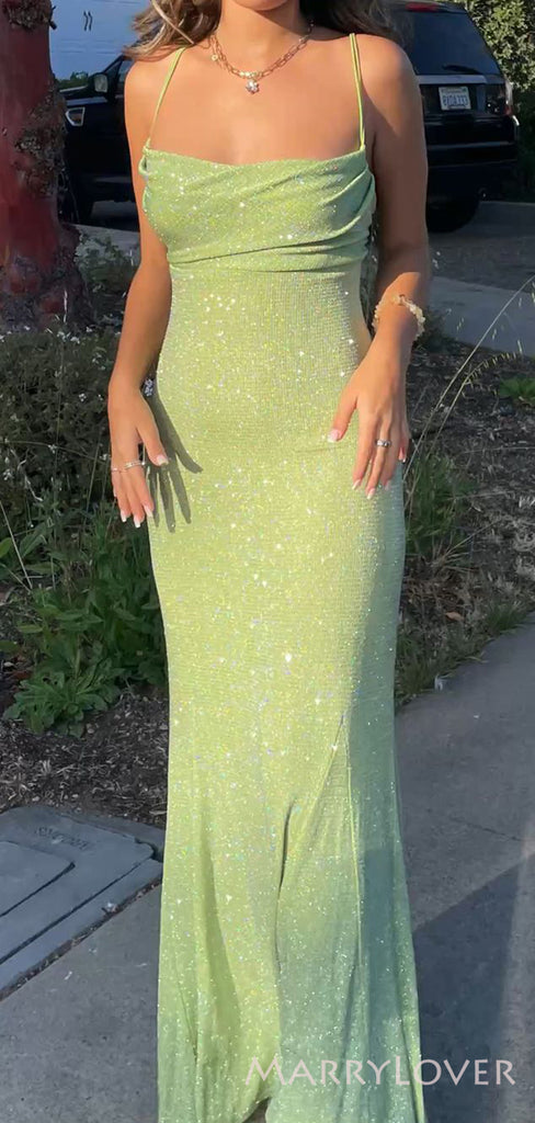 Spaghetti Straps Sparkly Long Evening Prom Dresses, Mermaid Custom Prom Dresses, MR8481