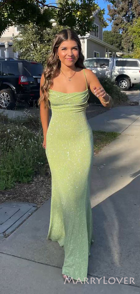 Spaghetti Straps Sparkly Long Evening Prom Dresses, Mermaid Custom Prom Dresses, MR8481