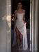 White Sequin Sparkly Off Shoulder A-lin Long Evening Prom Dresses, Custom Side Slit Prom Dress, MR8482