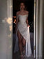 White Sequin Sparkly Off Shoulder A-lin Long Evening Prom Dresses, Custom Side Slit Prom Dress, MR8482