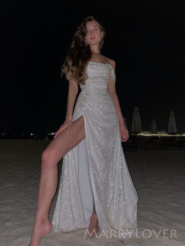 A-line White Side Slit Long Evening Prom Dresses, Custom Off Shoulder Prom Dress, MR8484