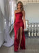 One Shoulder Mermaid Red Satin Spaghetti Straps Long Evening Prom Dresses, Custom Prom Dress, MR8489