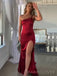 One Shoulder Mermaid Red Satin Spaghetti Straps Long Evening Prom Dresses, Custom Prom Dress, MR8489