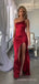 One Shoulder Mermaid Red Satin Spaghetti Straps Long Evening Prom Dresses, Custom Prom Dress, MR8489