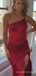 One Shoulder Mermaid Red Satin Spaghetti Straps Long Evening Prom Dresses, Custom Prom Dress, MR8489