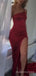 One Shoulder Mermaid Red Satin Spaghetti Straps Long Evening Prom Dresses, Custom Prom Dress, MR8489
