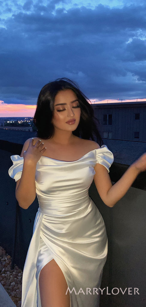 Off Shoulder White Satin Mermaid Long Evening Prom Dresses, Custom Side Slit Prom Dress, MR8503