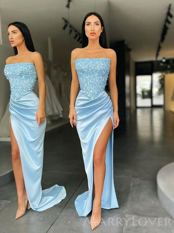 Strapless Blue Satin Beaded Mermaid Long Evening Prom Dresses, Custom Side Slit Prom Dress, MR8505