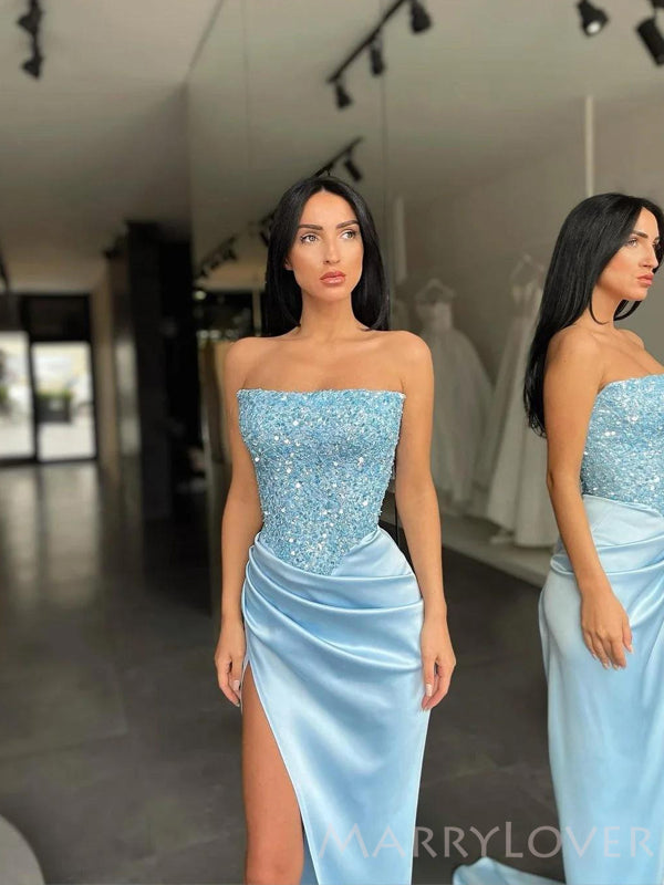 Strapless Blue Satin Beaded Mermaid Long Evening Prom Dresses, Custom Side Slit Prom Dress, MR8505