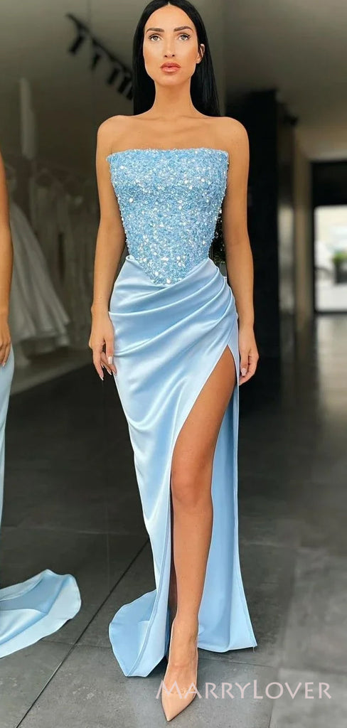 Strapless Blue Satin Beaded Mermaid Long Evening Prom Dresses, Custom Side Slit Prom Dress, MR8505