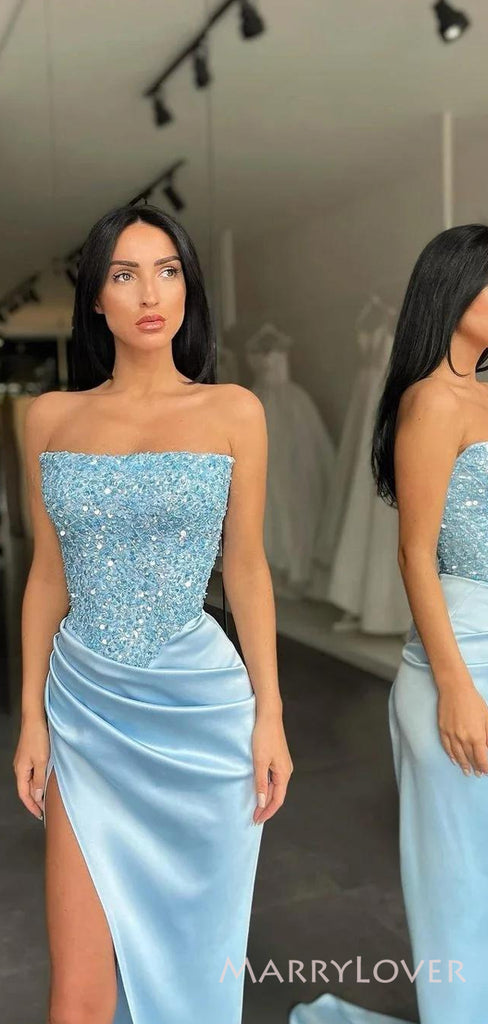 Strapless Blue Satin Beaded Mermaid Long Evening Prom Dresses, Custom Side Slit Prom Dress, MR8505