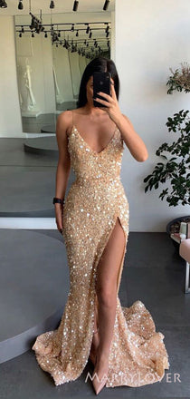 Deep V-neck Spaghetti Straps Gold Sequin Mermaid Long Evening Prom Dresses, Custom Side Slit Prom Dress, MR8506