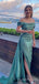 Blue Satin Off Shoulder Mermaid Long Evening Prom Dresses, Custom Side Slit Prom Dress, MR8507