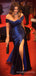 Off Shoulder Royal Blue Satin Mermaid Long Evening Prom Dresses, Custom Side Slit Prom Dress, MR8511