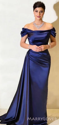 Navy Blue Off Shoulder Satin Mermaid Long Evening Prom Dresses, Custom Prom Dress, MR8512