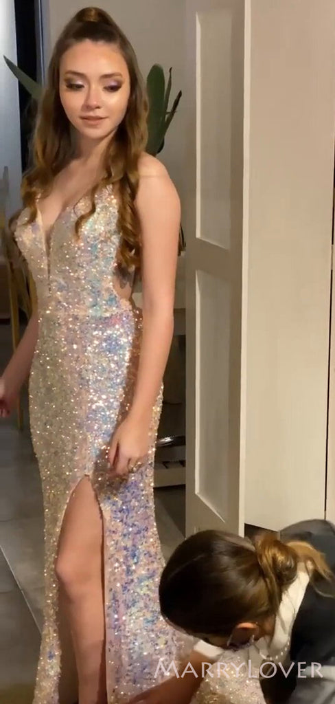 Spaghetti Straps Sequins Mermaid Long Evening Prom Dresses, Custom Prom Dress, MR8514