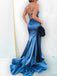 Blue Satin Strapless Mermaid Long Evening Prom Dresses, Custom Side Slit Prom Dress, MR8518